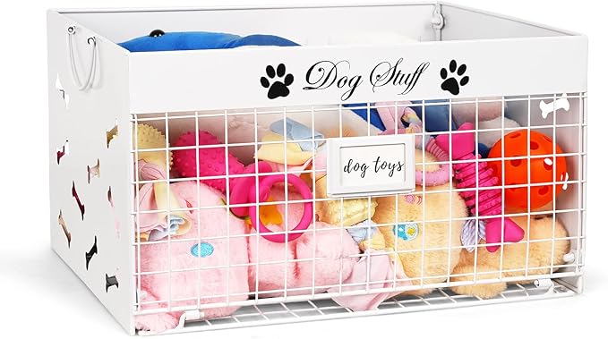 Dog Toy Basket - Large Dog Toy Box with Handles and Label Position Design for Living Room, Metal Dog Toy Bin Storage for Dogs Chew Pets Toys, Blankets, Clothes, Food (White)