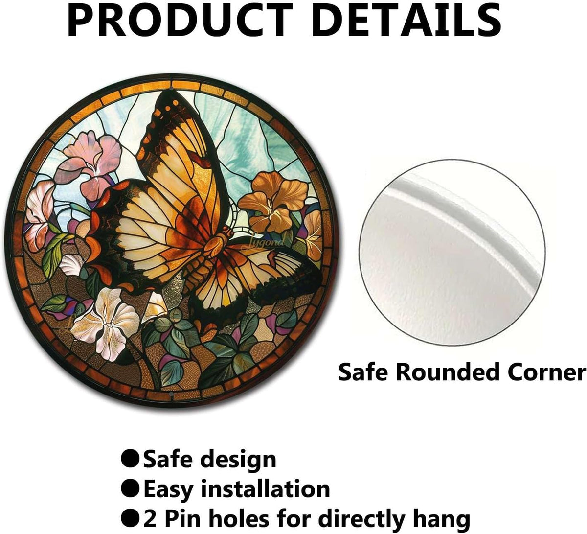 Lygond Metal Sign Tin Sign Circular Stained Glass Butterfly Inspirational Wall Art for Garage 12×12 Inches