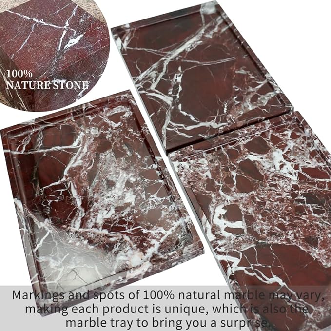 Real Luxurious Natural Marble Vanity Tray Genuine Marble Storage Tray for Home Decor Stone Tray for Bathroom/Kitchen/Vanity/Dresser,Plate Holder for Tissues, Candles, Towel