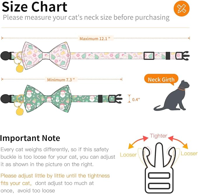 2 Pack Cotton Cat Collar with Bow Tie and Bell for Girl Boy Cats,Cute Green Santa Claus and Pink Snowman Pattern Christmas Breakaway Cat Collar for Male Female Cats (Santa Claus & Snowman)