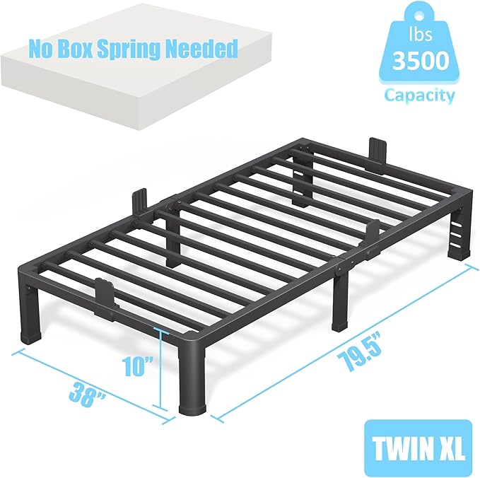 FUIOBYVV 10 Inch Twin XL Bed Frame with Rounded Corner and Headboard Hole Mattress Retainers 3500 LBS Metal Heavy Duty Steel Slats Support No Box Spring Needed Platform Noise Free Easy Assembly