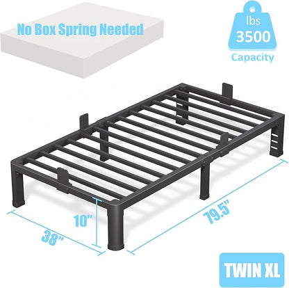 FUIOBYVV 10 Inch Twin XL Bed Frame with Rounded Corner and Headboard Hole Mattress Retainers 3500 LBS Metal Heavy Duty Steel Slats Support No Box Spring Needed Platform Noise Free Easy Assembly