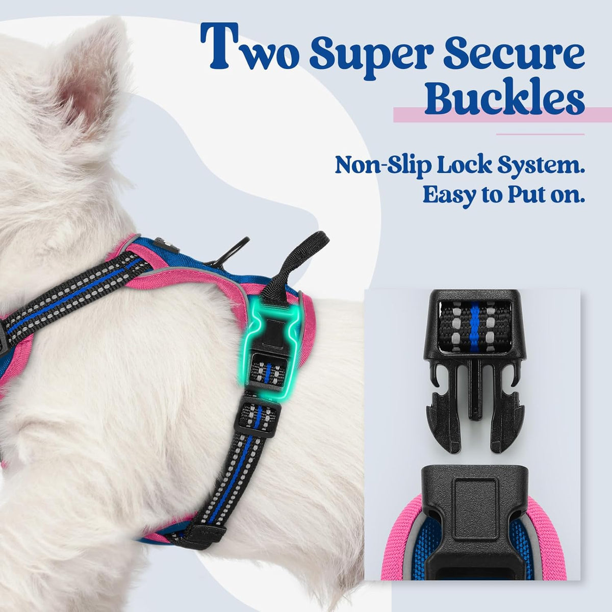 rabbitgoo Dog Harness No Pull with 2 Leash Clips, Adjustable Soft Padded, Reflective Oxford No Choke Pet Vest with Easy Control Handle for Large Dogs, Blue & Hot Pink, XS