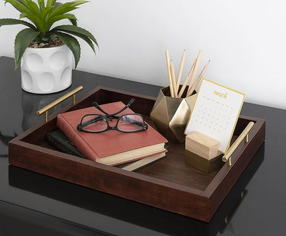 Kate and Laurel Lipton Decorative Wooden Tray with Metal Gold Handles, 16.5" x 12.25", Dark Walnut Brown and Gold