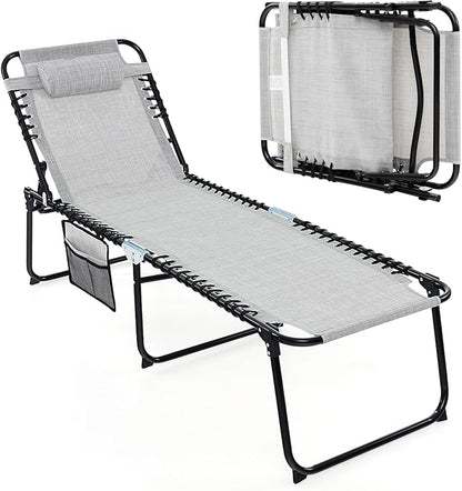Tangkula Beach Lounge Chair for Outside, Folding Chaise Lounge Outdoor with 4-Position Backrest, Removable Headrest and Side Pocket, Portable Sunbathing Tanning Chair for Patio, Poolside (1, Grey)