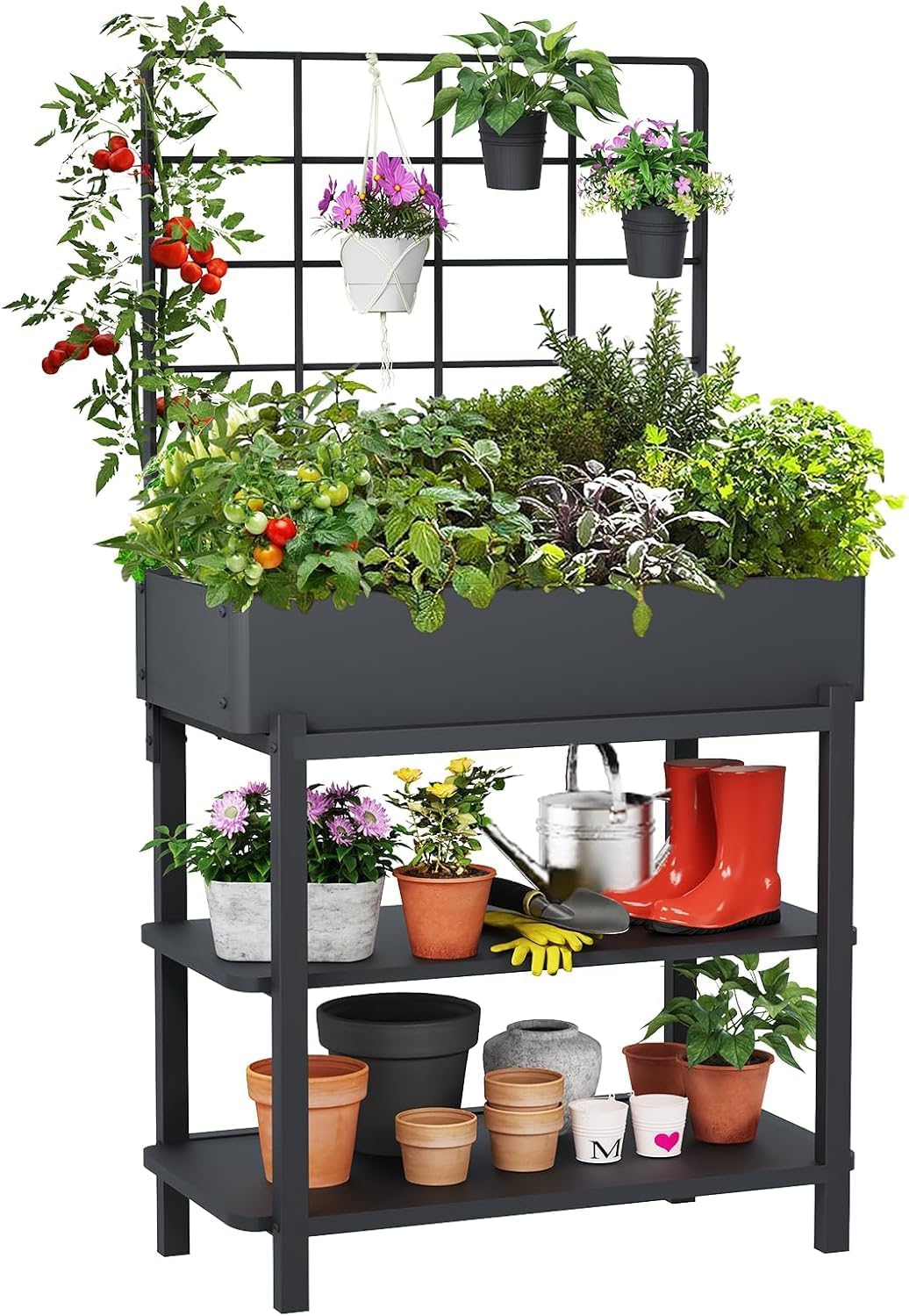 Metal Raised Garden Bed with Trellis, Elevated Planter Box with Legs for Outdoor Patio, Iron Standing Garden Box for Vegetables, Herbs, Flowers, Climbing Plants