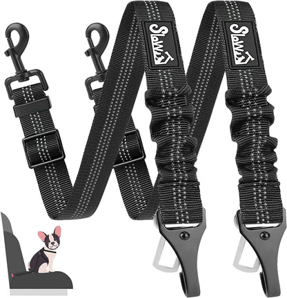 SlowTon Dog Seat Belt, Adjustable Dog Safety Belt Leash, 2 in 1 Latch Bar Attachment Dog Car Seatbelt with Elastic Nylon Bungee Buffer, Reflective Nylon Belt Tether Connect to Dog Harness (2Black)