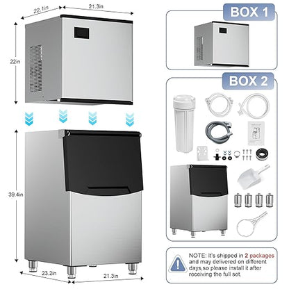Commercial Ice Maker Machine 450 Lbs/24H, 350 Lbs Large Storage, Stainless