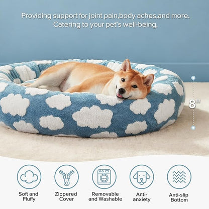 JOEJOY Jacquard Donut Round Small Dog Beds,Blue 27x27x8in, Removable Washable Cover, Cute Pattern, Ultra Soft Fluffy Calming Pet Bed with Thick Supportive Bolster