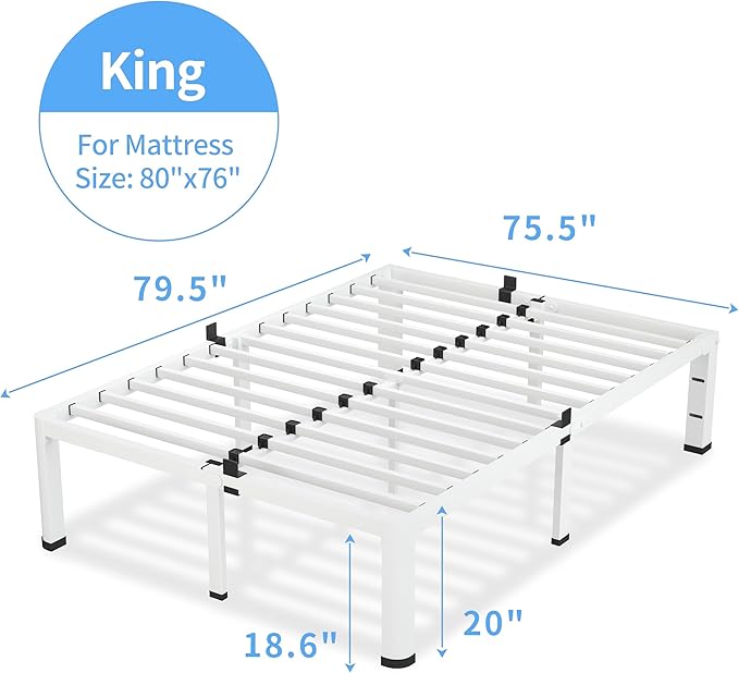 18 Inch King Size White Bed Frame, 3500Lbs Heavy Duty Metal Platform with Round Corner Legs Mattress Slide Stopper, Steel Slat Support No Box Spring Needed, Noise Free, Non-Slip, Easy Assembly