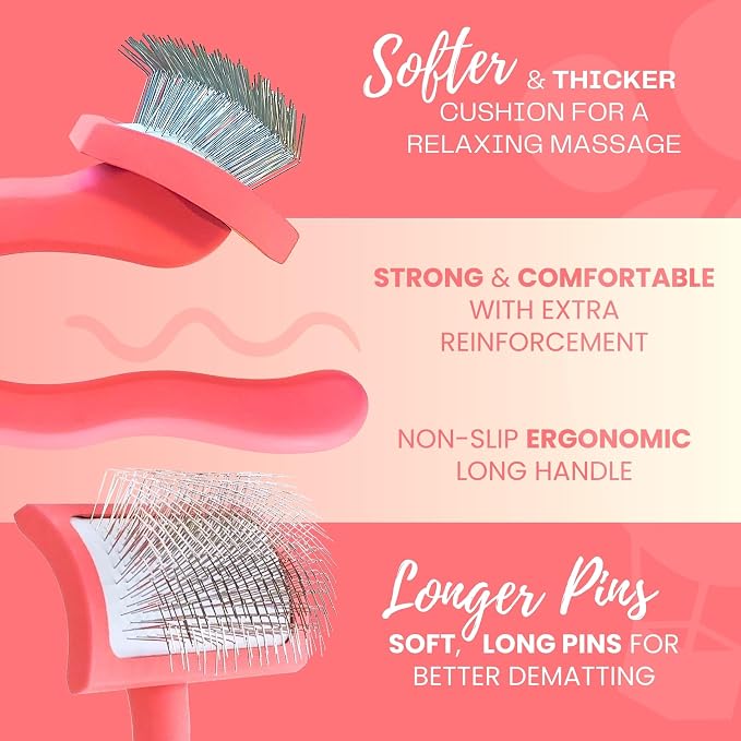 Slicker Brush for Dogs - Long Pin for Poodles, Doodles & Long Haired Dogs, Deshedding & Dematting Tool, Slicker Dog Brushes for Grooming (Coral, Curved Medium)