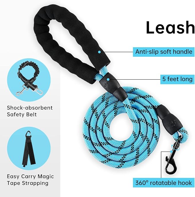 IVY&LANE No Pull Dog Harness for Small Dogs, Dog Vest Harness with Leash, Safety Belt and Storage Strap, Fully Adjustable Harness, 360° Reflective Strip, Soft Handle (Blue, XS)