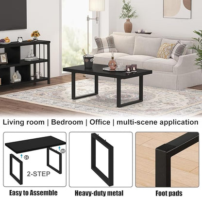 IBF Black Coffee Table, Minimalist Industrial Wooden Center Table, Modern Simple Rectangle Living Room Table, Farmhouse Wood and Metal Cocktail Coffee Table for Home Bedroom Office, Black Oak, 39 inch