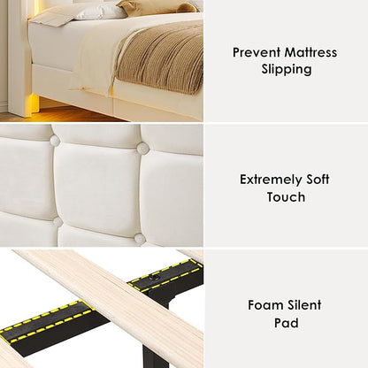 Keyluv Upholstered Full Floating Bed Frame with RGB LED Lights and Charging Station, Velvet Platform Bed with Button Tufted Storage Headboard, Type-C & USB Charging Ports, No Box Spring Needed, Beige