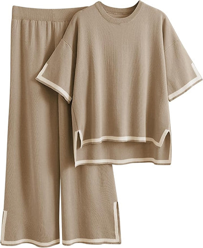 Faleave Womens Knit 2 Piece Sweater Sets Short Sleeve Pullover Tops Elastic Waist Wide Leg Pants Lounge Set