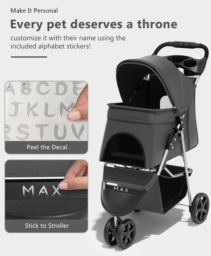 Pet Stroller with 3 Wheels for Small/Medium Pets, Portable Travel Foldable Carrier Jogger for Dog Cat Puppy Kitty, Rear Wheel Breaks, Storage Basket, Visible Mesh with Weather Cover (Black)