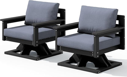 SERWALL Outdoor Swivel Chairs Set of 2, HDPE All-Weather Patio Swivel Sofas with Thick Cushions for Porch, Balcony, Black Frame with Gray Cushions