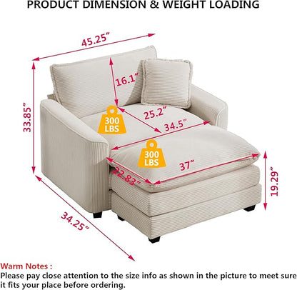 Aoowow Corduroy Large Armchair with Ottoman,Tufted Indoor Chaise Lounge Chair,Oversized Single Sofa Chairs with Footrest,Single Seat Cloud Sofas Couches for Living Room (Beige, Sofa Chair + Ottoman)