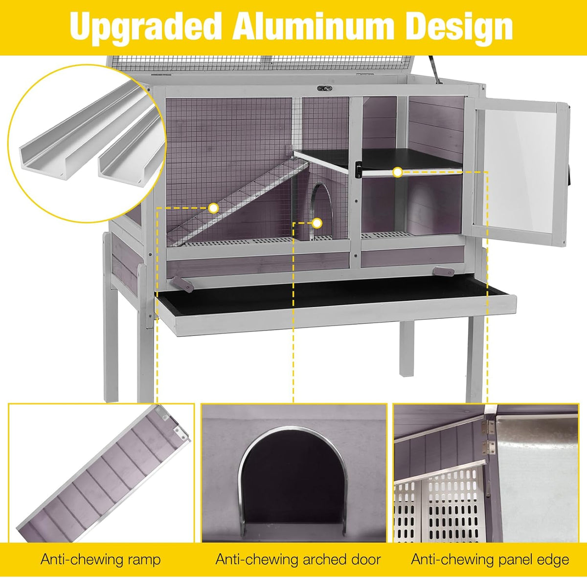 Aivituvin Wooden Guinea Pig Cages Indoor with Removable Stand, Anti Chewing Rabbit Hutch with Ramp and Wire Mesh, 2 Story Small Animals House Habitat with Pull Out Tray (Gray&Purple)