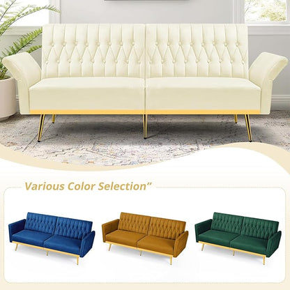 70” Velvet Futon Sofa Bed with 2 Pillows and Adjustable Armrests, Convertible Sleeper Bed W/Adjustable Backrests, Modern Loveseat for Living Room, Bedroom, Beige