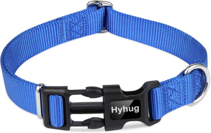 Hyhug Pets Solid Color Classic Regular Heavy Duty Basic Collar for Pup Dogs, Unique Design Adjustment Triglide Slide (Buckle) Can Attached Name Tag Accessories. (Small, Bright Blue)