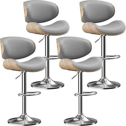 Aowos Bar Stools Set of 4, Adjustable Swivel Leather Bar Stools for Kitchen Island, Mid Century Modern Counter Height Bar Chairs Barstools with Back & Footrest (Grey)
