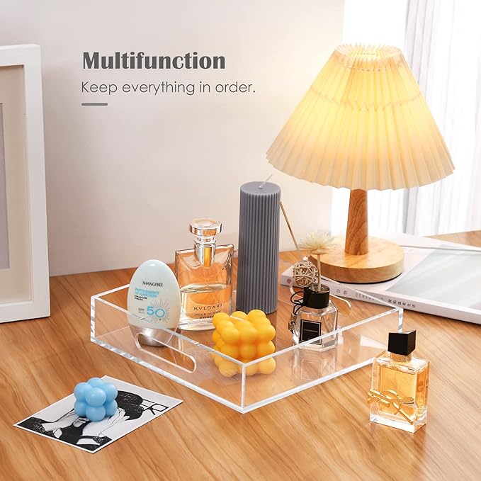 Home Decorative Coffee Table Tray, 10"x10" Elegant Acrylic Serving Trays with Handles Works for Eating, Breakfast, Makeup Drawer Organizer,Bathroom Vanity Table,Ottoman Tray, Clear