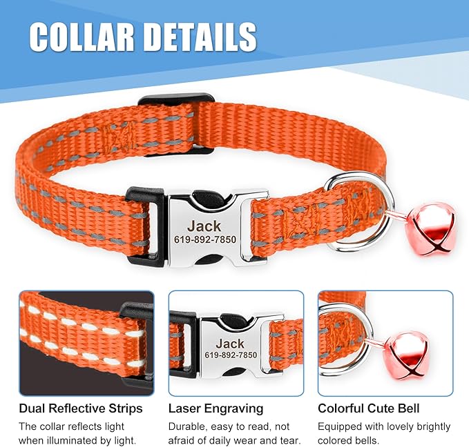 Personalized Reflective Nylon Cat Collar with Name Tag - Custom Engraved Buckle Kitten Collars for Girl Boy Cats - Adjustable from 7.5'' to 12.0'' - Includes Bell and ID Tag
