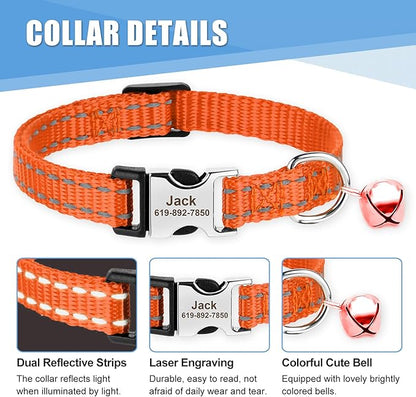 Personalized Reflective Nylon Cat Collar with Name Tag - Custom Engraved Buckle Kitten Collars for Girl Boy Cats - Adjustable from 7.5'' to 12.0'' - Includes Bell and ID Tag