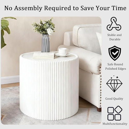 Round Coffee Table Set with Sintered Stone Tabletop, 29.52" Black Drum Center Table and 17.71" White Coffee Table Set, 2 Pieces Living Room Table Set with Fluted PU Leather Cover& Stable Base