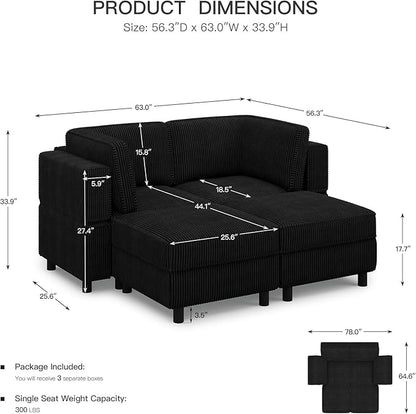63" Modular Sectional Sofa with Storage Seat,Corduroy Sectional Couch Convertible 4 Seat Modular Sleeper Sofa Couch with Movable Ottoman Chaise,Comfy Sectional Couches for Living Room,Black