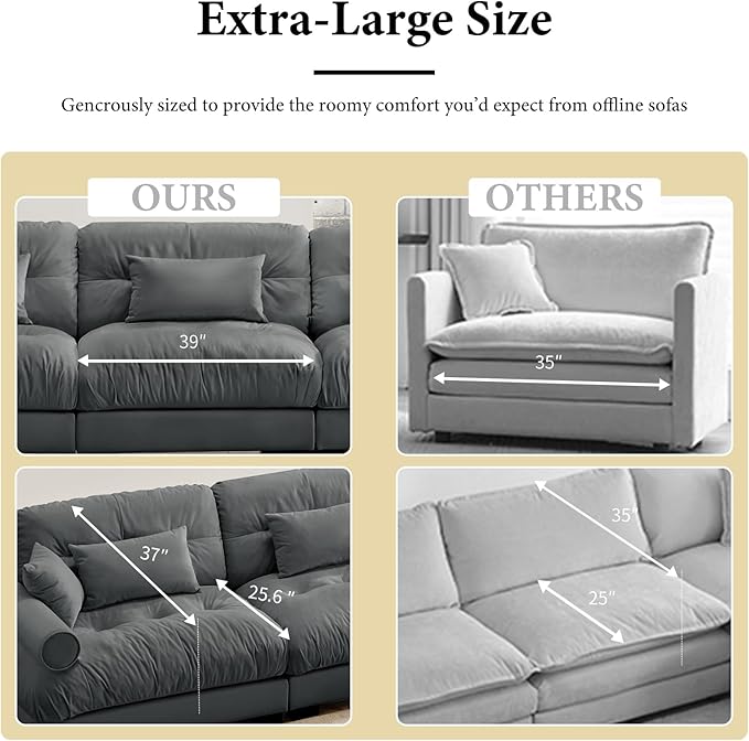 166" Grey Modular Sectional Sofa, 4 Seater Large Sectional Couches for Living Room, Velvet Fabric Oversized Fluffy Cloud Couch with Ottoman, Deep Seat Home Sofas Set, Sofá Moderno