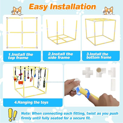 Puppy Play Gym with 17 Hanging Toys, Small Dog Indoor Enrichment Jungle Gym | Interactive Activity Center for Energetic Puppies & Cats, Teething Squeaky Toys, Bungee Straps & 22 in PVC Frame Playground