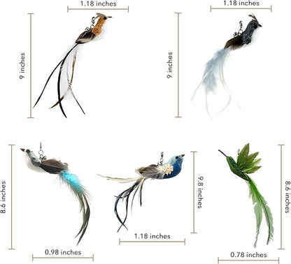 Deluxe Bird Replacement Heads for Cat Toys - Set of 5 - Realistic Feather Designs Including Blue Floral, Two-Tone, Traditional, Black & White, Green Hummingbird - Easy Clip-On
