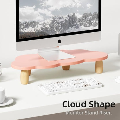 AFOOYO Monitor Stand Riser,Cloud-Shaped Sturdy Wood Computer Monitor Riser, Laptop Monitor Stand, Multi-Purpose Desktop Organizer Riser for Computer, Laptop, Printer, TV,Pink
