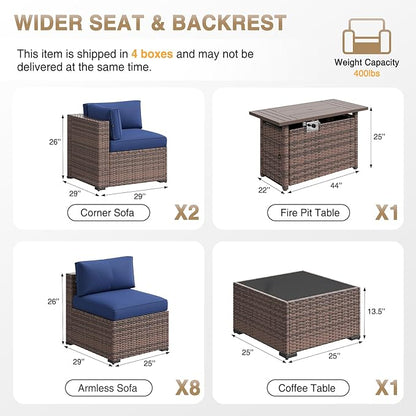 Aoxun Patio Furniture Sets, 12-Piece Outdoor Patio Furniture with 44'' Propane Gas Firepit Table, Wicker Outdoor Conversation Set Sectional Sofa for Backyard, Poolside, Garden