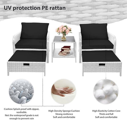 LEVELEVE Balcony Furniture 5 Piece Patio Conversation Set, PE Wicker Rattan Outdoor Lounge Chairs with Soft Cushions 2 Ottoman&Glass Table for Porch