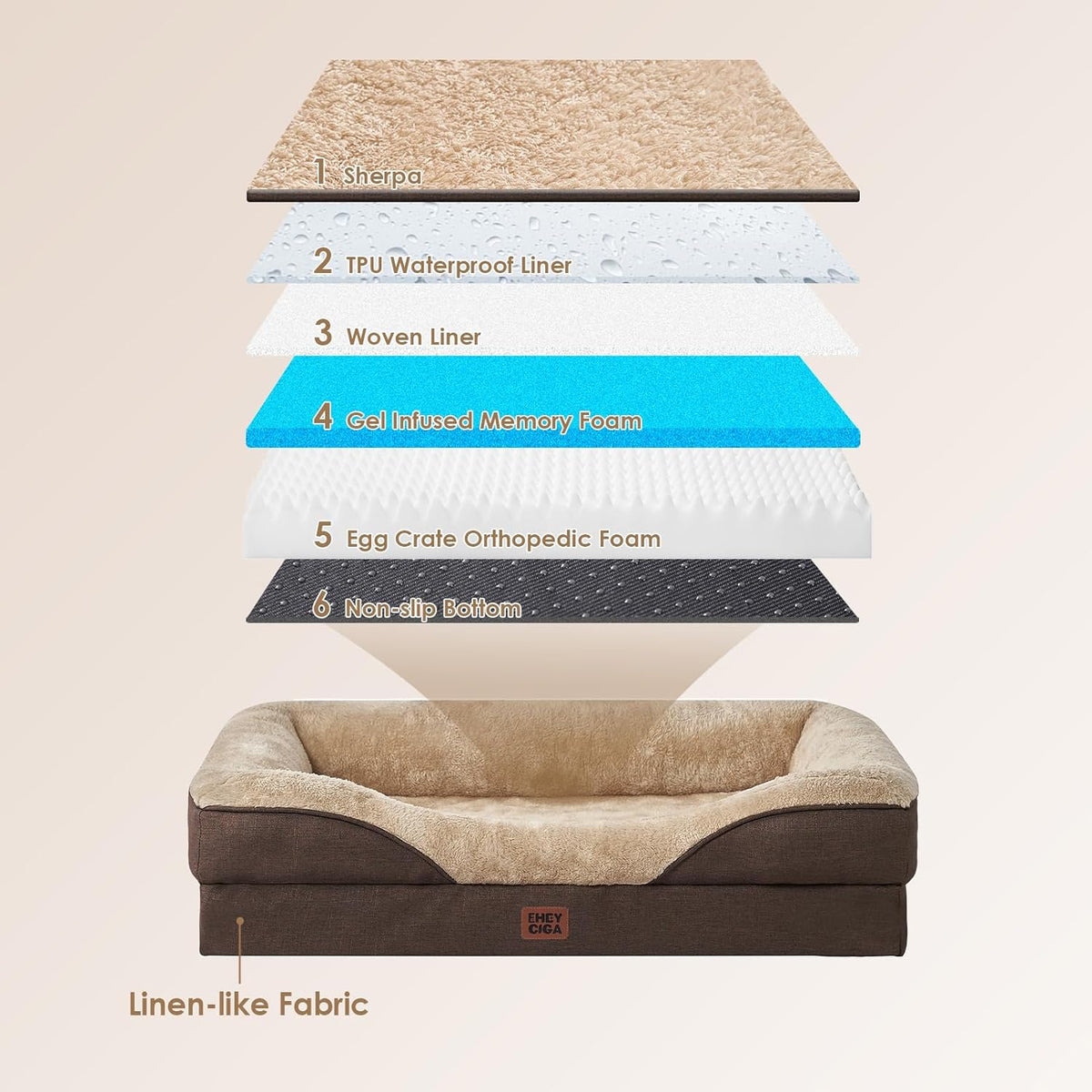 EHEYCIGA Memory Foam XL Dog Bed for XLarge Sized, Extra Large Orthopedic Dog Sofa with Sides and Waterproof Liner, Washable Bolster Pet Couch with Removable Cover, 48x35x7.5 Inch, Brown