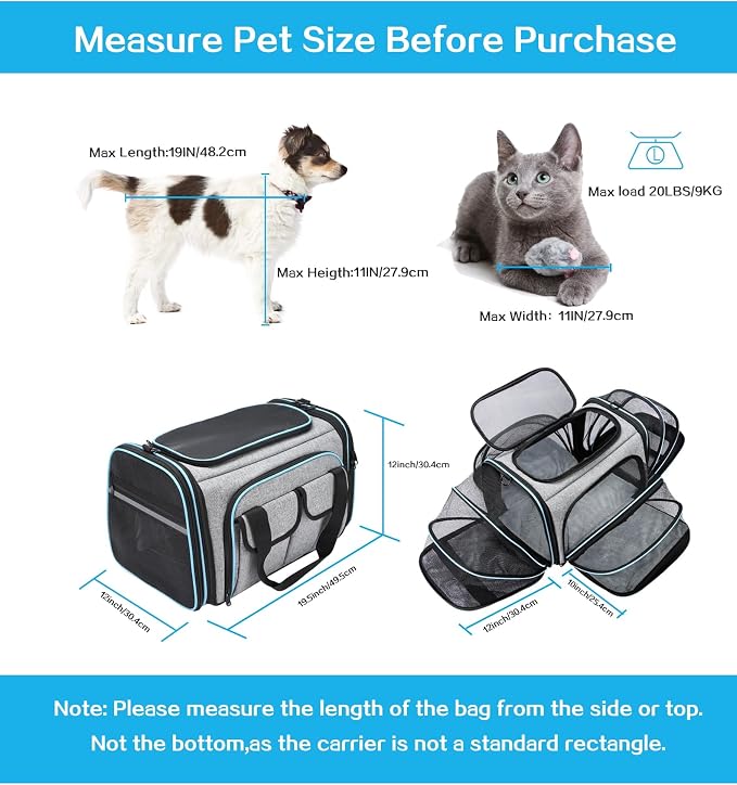 Airline Approved Pet Carrier, Large Soft Sided Pet Travel TSA Carrier 4 Sides Expandable Cat Collapsible Carriers with Removable Fleece Pad and Pockets for Cats Dogs and Small Animals