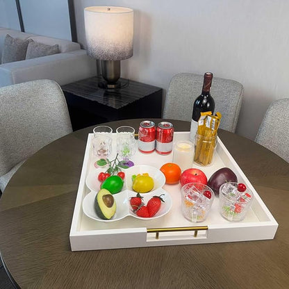20x20 Inches Large White Faux Leather Wrapped Wood Ottoman Tray with Handles for All Occasions, Serving Food Breakfast on Bed, Home Decor Decorative, Living Room,Square Coffee Table Organizer