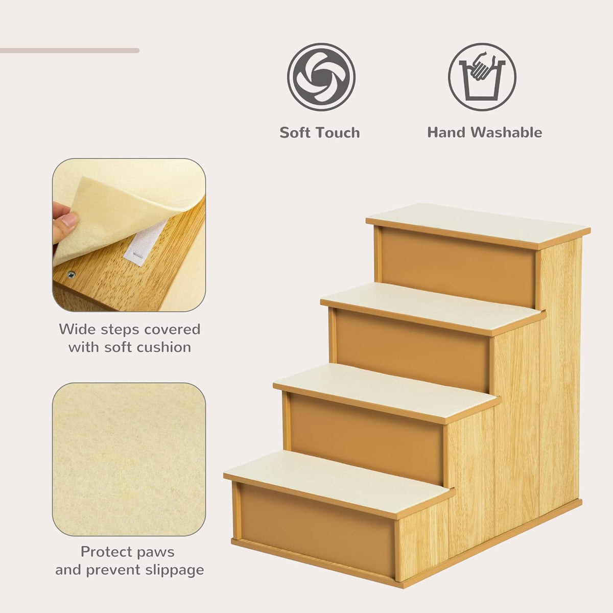 PawHut Pet Stairs, Small Pet Steps with Cushioned Removable Covering for Dogs and Cats Up to 22 Lbs., Natural
