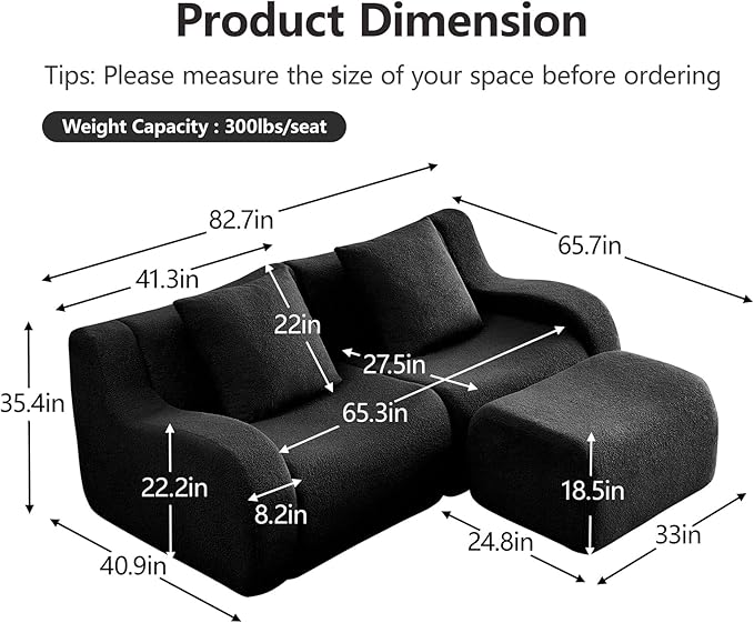 Black Modular Cloud Couch Loveseat with 1 Ottoman, Teddy Fabric Boneless Sectional Sofa in a Box, Comfortable Floor Sofa for Living Room, No Assembly Required, Sofas para Sala