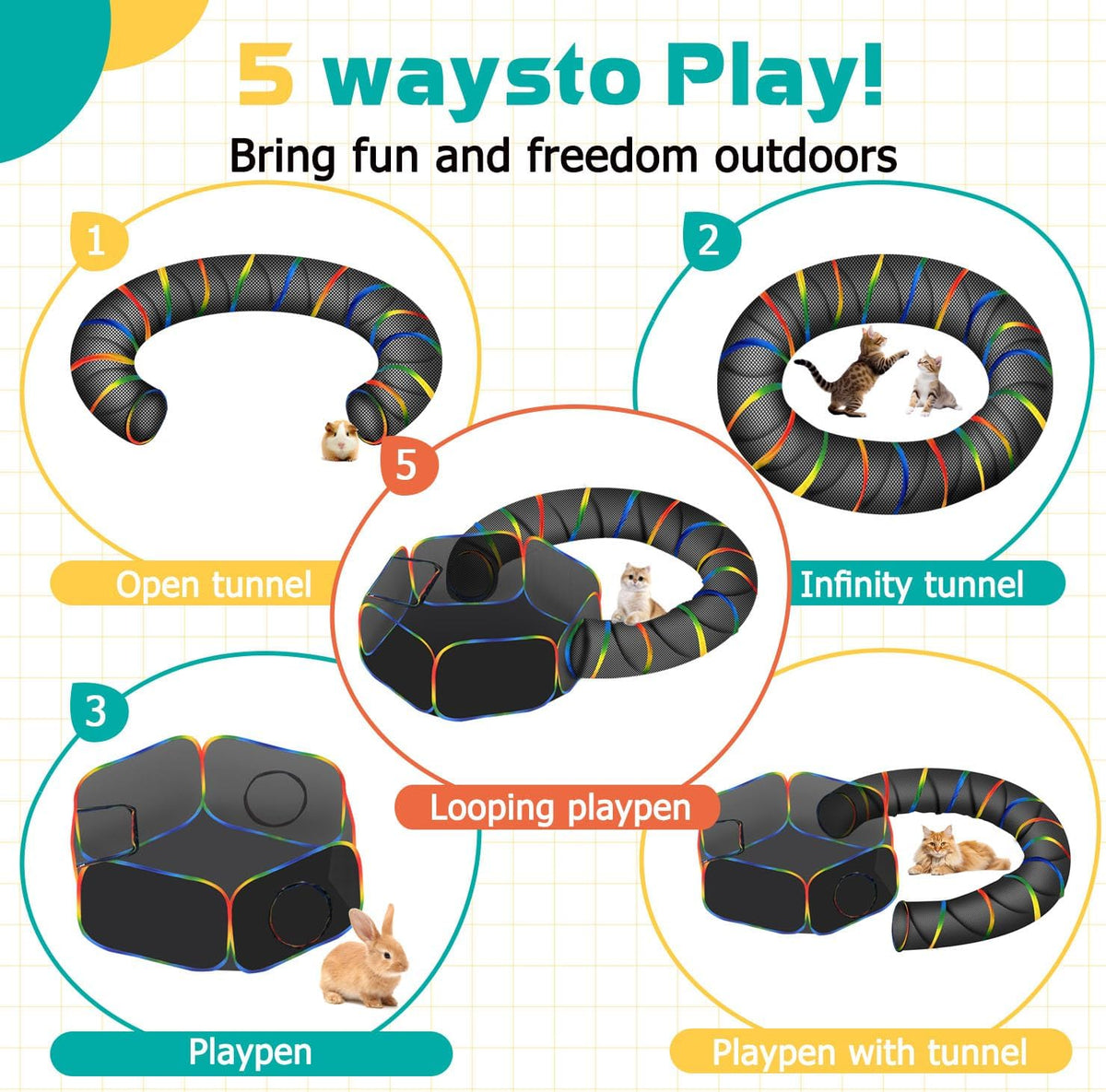 LUCKITTY Outdoor Rainbow Cat Enclosures Playground,Outside House for Indoor Cats Include Portable Tent, Circle Cat Playpen Tunnel Catio, for Cats, Kitty and Small Animals,Within Storage Bag