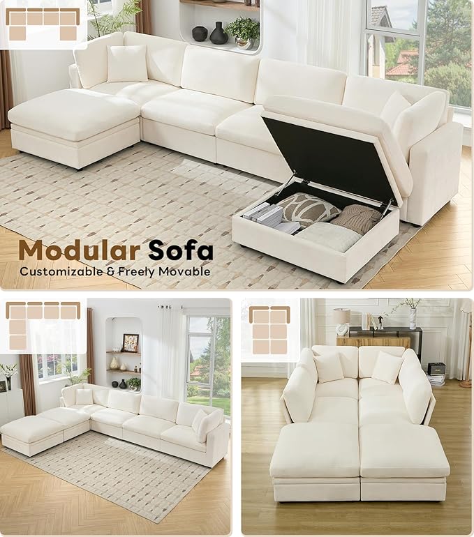 Tbfit Modern Sectional Sofa with Storage, Down-Filled Cushions, 154" W Cloud Couch for Home, Living Room, Beige