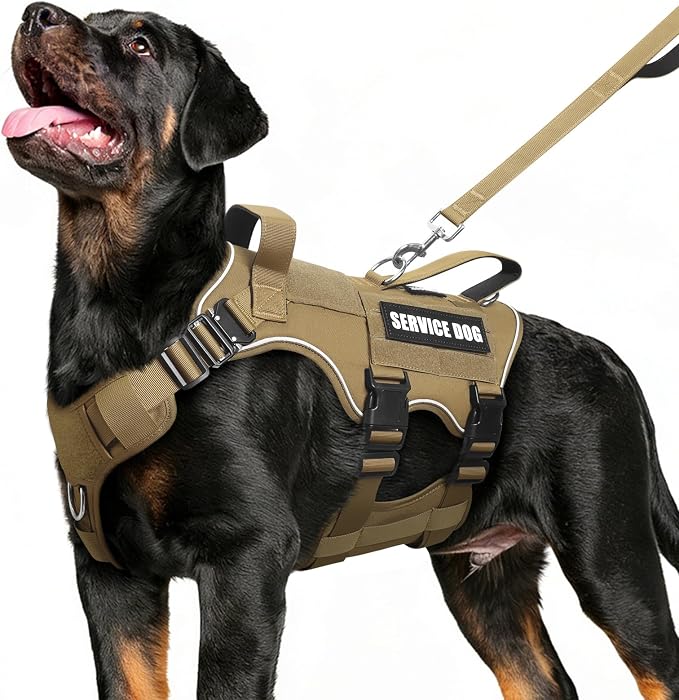 Tactical Service Dog Vest Harness and Leash Set,Heavy Duty Dog Harness with Metal Buckles for Large Dogs,Adjustable No Pull Pet Vest with 10 Patches,for Training Working,Brown L