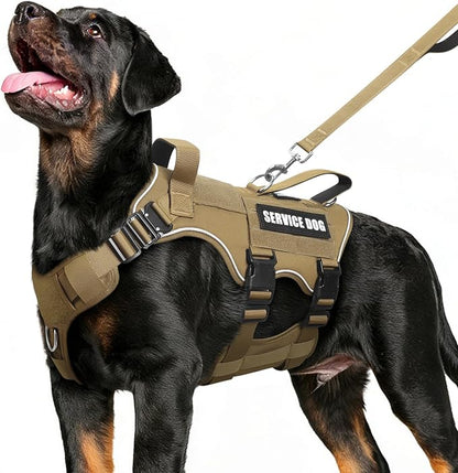 Tactical Service Dog Vest Harness and Leash Set,Heavy Duty Dog Harness with Metal Buckles for Large Dogs,Adjustable No Pull Pet Vest with 10 Patches,for Training Working,Brown L