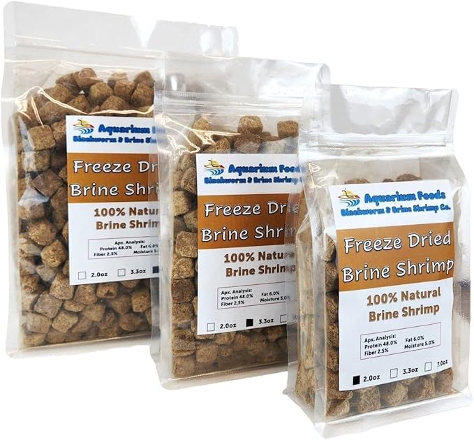 Aquatic Foods Inc. Brine Shrimp, Freeze Dried Floating Brine Shrimp Cubes for All Tropical Fish, Marine Fish, Discus, Cichlids, Koi & Pond Fish, Turtles…2oz Clear Bag