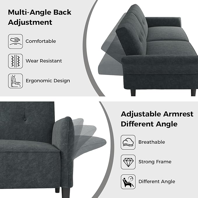 89” Futon Sofa Bed, Comfy Futon Couch Bed with 2 Square Pillows,Convertible Sleeper Sofa with Adjustable Backrest& Armrests, Modern Loveseat Sleeper for Living Room,Velvet Fabric Dark Gray