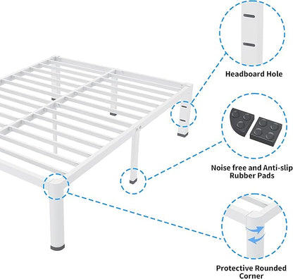ROIL 18 Inch White California King Bed Frame with Rounded Corner and Headboard Hole Mattress Retainers 3500LBS Heavy Duty Steel Slats No Box Spring Needed Platform Noise-Free Easy Assembly