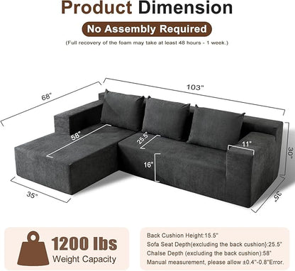 103" Cloud Sectional Sofa, No Assembly Required, Boneless L-Shape Couch with Chaise, Modern Minimalist Modular Couch, Free Combination, Deep Seat, Dark Grey, Left